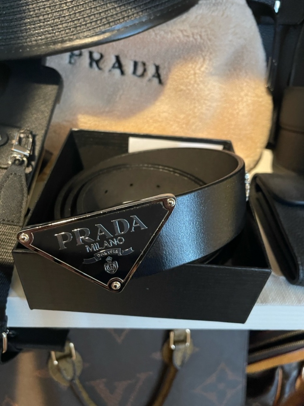 Prada Black Leather Belt with Silver Triangle Logo Buckle